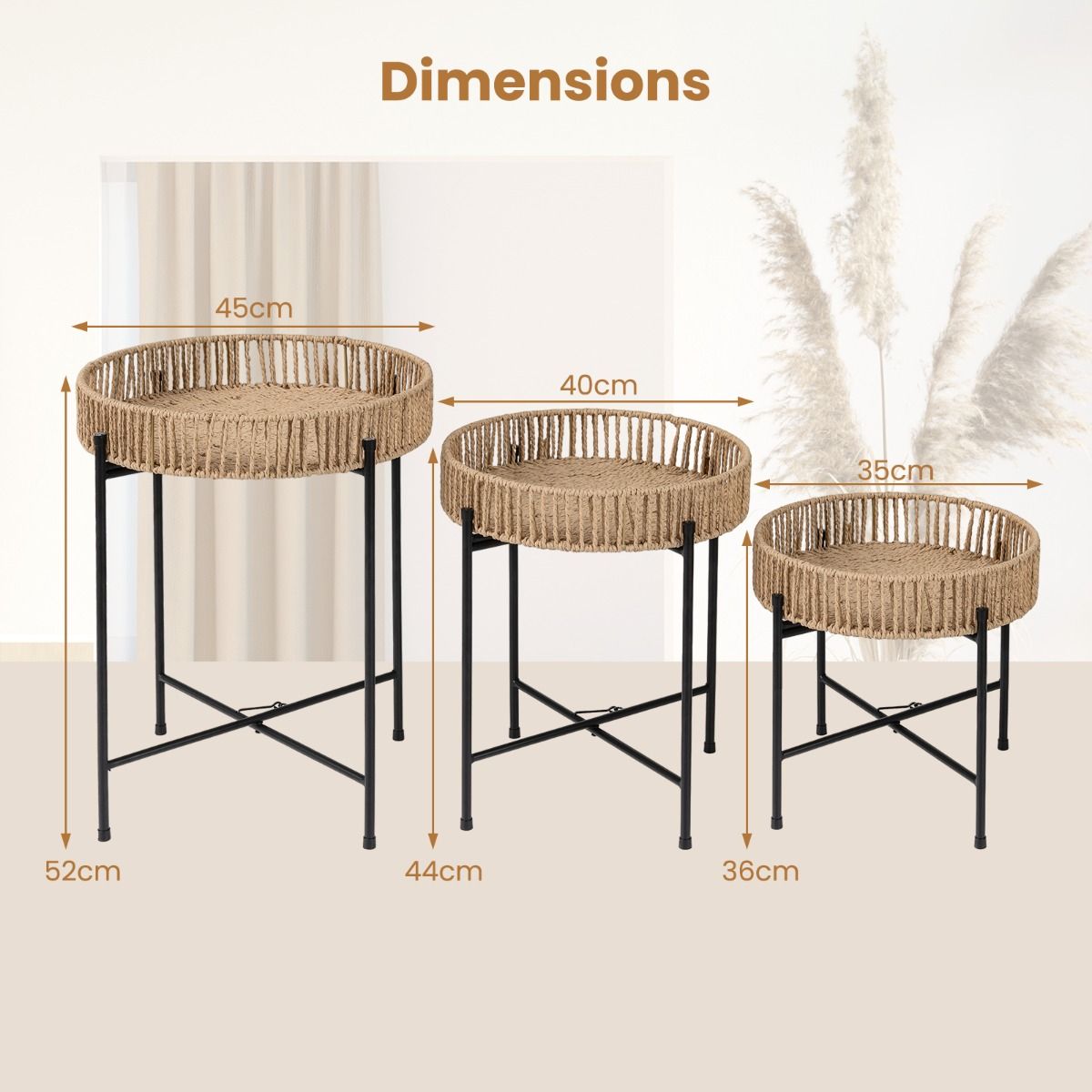 Ensemble de tables d'appoint rondes Coast - tressage bohème fait main - pieds en métal - couleur naturelle - lot de 3