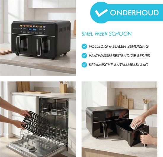 Friteuse à air chaud double XXL 11 L - Friteuse à air chaud sans PFAS - Infrarouge - Double zone - 2 x 5,5 L - 40–200 °C - 8 programmes de cuisson - 2 850 W - WM-2511 AF - Noir