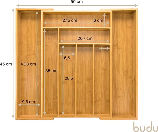 Budu Plateau à couverts extensible en bambou #45 (45 cm de profondeur) - Cassette à couverts en bois - Tiroir à couverts - 45 x 30.6 - 50 cm - 6/8 compartiments