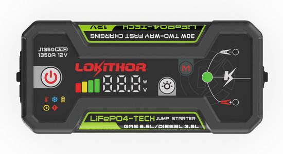 Lokithor Jumpstarter J1350 PRO - 12 V 1 350 A LiFePO4 - Batterie externe 30 W - Pour voiture, essence jusqu'à 6,5 L et diesel jusqu'à 3,5 L - Lampe de poche LED