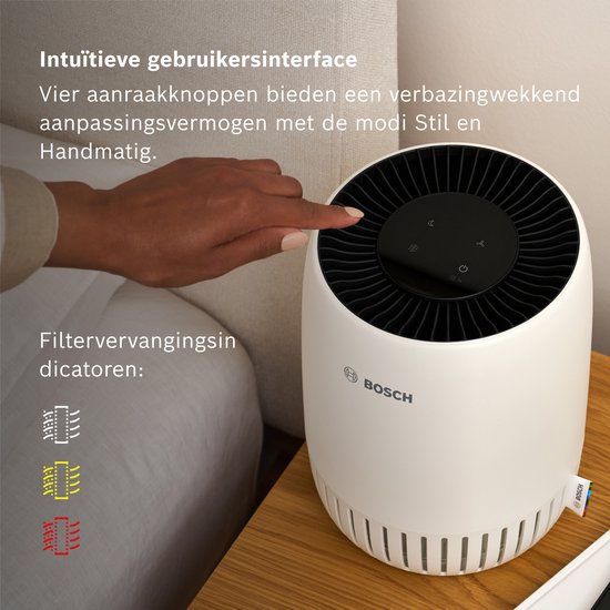 Purificateur d'air Bosch Air 500 - élimine les polluants, comprend un filtre à air et un mode silencieux (< 25 dB(A)). - pour les pièces jusqu'à 23 m² - avec port de charge USB-C CADR 100 m³/h