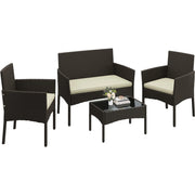 Ensemble de salon en polyrotin Yaheetech, 4 pièces - Canapé 2 places et 2 fauteuils avec table en verre - 100 x 59,5 cm - Marron avec coussins beiges