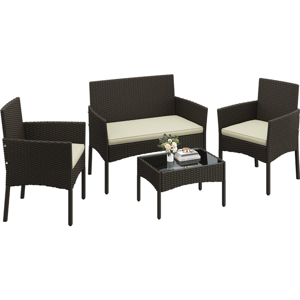 Ensemble de salon en polyrotin Yaheetech, 4 pièces - Canapé 2 places et 2 fauteuils avec table en verre - 100 x 59,5 cm - Marron avec coussins beiges