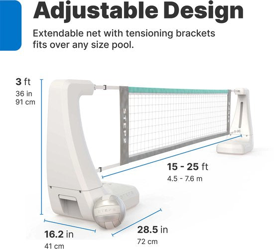 Step2 Vero Filet de volley-ball pour piscine blanc – Filet de volley-ball pour piscine – Réglable de 4,5 à 7,6 m – Avec ballon, pompe et sac de rangement – Socle lestable – Pour piscine et jardin