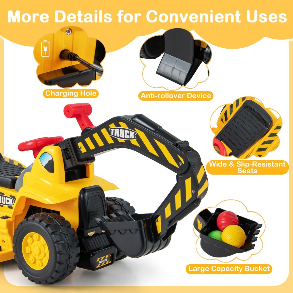 Pelleteuse électrique Coast pour enfants - Avec godet orientable - Effets sonores - Jaune et noir