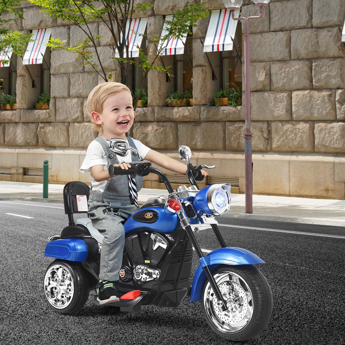 Moto électrique pour enfants Coast - Style chopper - Phare réglable - Fonction musicale - Bleu et noir - 91 x 48 x 64 cm
