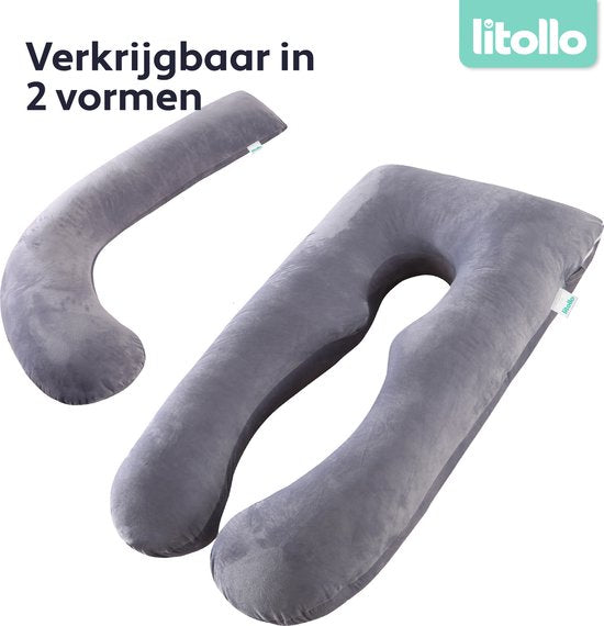 Oreiller de grossesse Litollo® XXL | Oreiller d'allaitement | Oreiller de corps | 280 cm | Tissu polaire doux | Housse amovible | Gris
