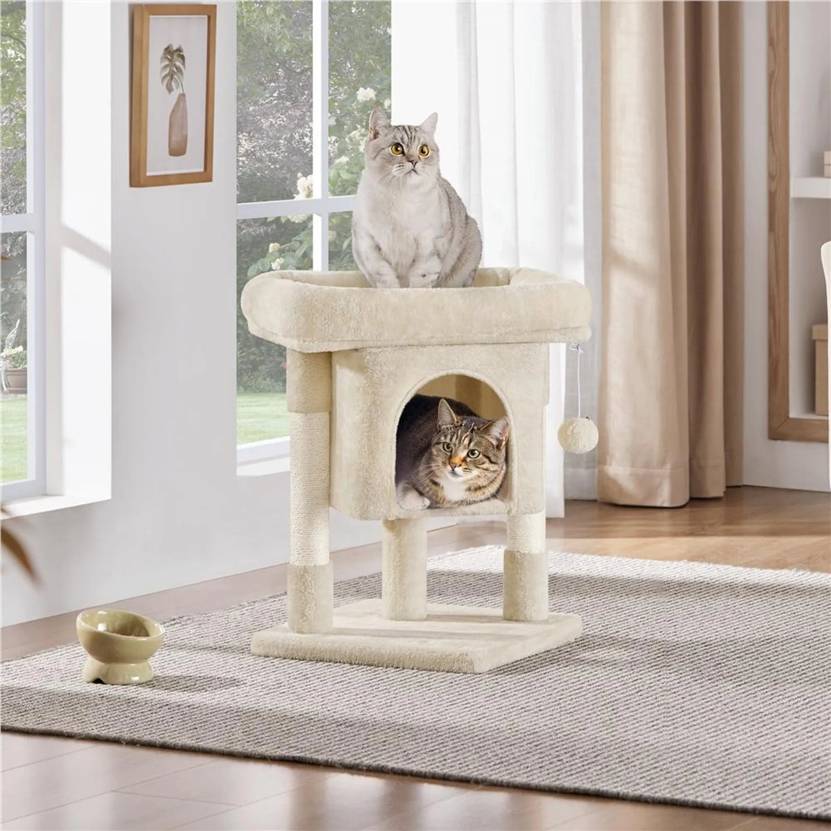 Yaheetech Cat Pole With Cat Burrow - équipé de griffoirs en sisal, d'un hamac et d'une aire de repos douce - pour chatons et petits chats - panneau de particules et peluche beige - 40,5 x 40,5 x 59 cm