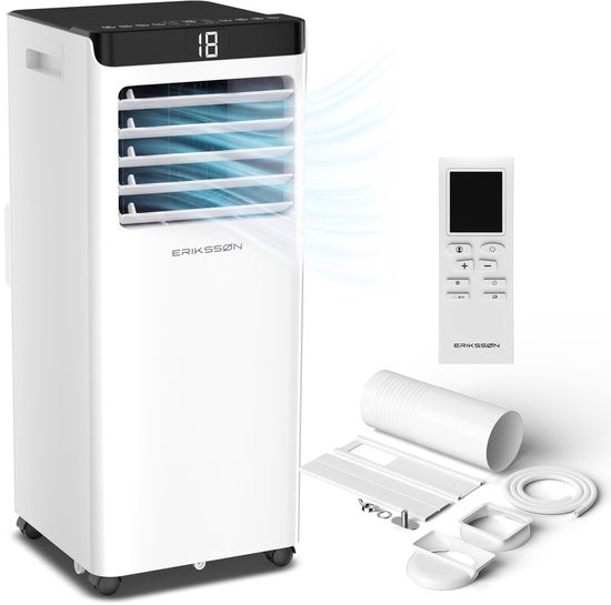 Climatiseur mobile Eriksson - 10 000 BTU - Kit d'étanchéité pour fenêtre inclus - Jusqu'à 30 m² - 4-en-1 - Climatisation - Ventilateur - Déshumidificateur - Blanc