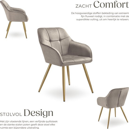 tectake® Velvet Chair - Chaise de salle à manger en velours matelassé, chaises de cuisine modernes, fauteuil confortable pour le salon, la salle à manger, la salle de séjour - taupe / gold