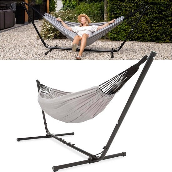 Vita5 Hamac avec support - 2 personnes - longueur réglable - sac de transport inclus - poids 205 kg - gris