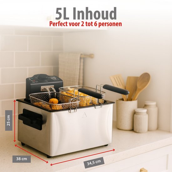 Friteuse Alpina 5 litres - Friteuse double avec 3 paniers - Friteuse à température réglable jusqu'à 190 °C - Friteuse 2 000 W - avec hublot - en acier inoxydable