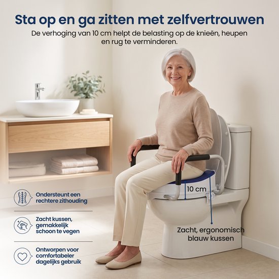 Rehausseur de WC Truesafe 10 cm - Taille universelle - Avec accoudoir et couvercle - Siège de WC surélevé - Coussin d'assise ergonomique - Rehausseur pour adultes et seniors