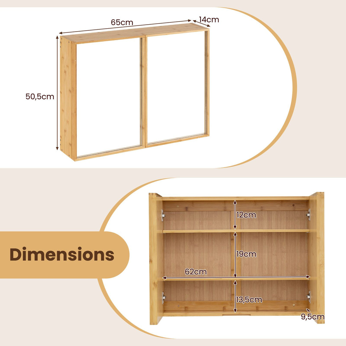Armoire à miroir Coast en bambou avec 2 portes et étagères réglables 65 x 14 x 50,5 cm – Naturel – Bambou et cadre de miroir