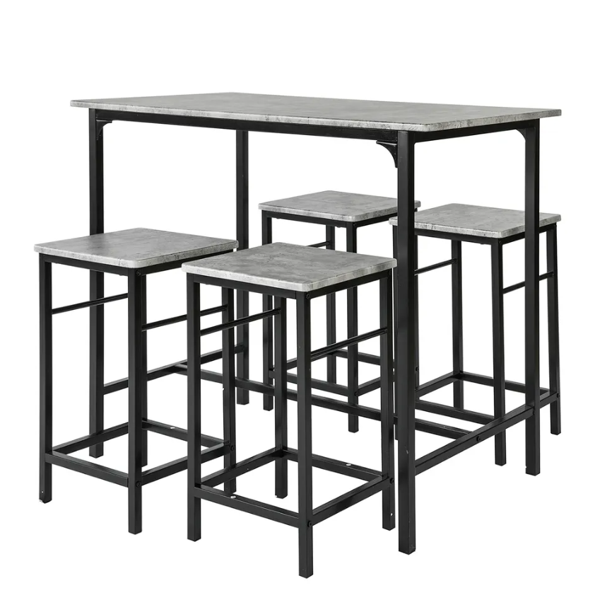 SoBuy Table de bar - 4 tabourets - Ensemble de table de bar - 5 pièces - 100 x 87 - 60 cm - jusqu'à 120 Kg - Gris/Noir