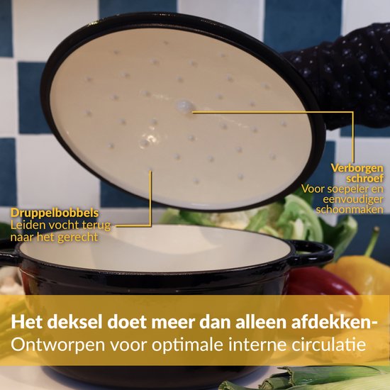 Casserole en fonte Chefarone 4,7 L - Sans PFAS - Casserole avec couvercle - Compatible avec toutes les sources de chaleur - Casserole Ø 26 cm - Émaillée noire - Cadeau pour femmes