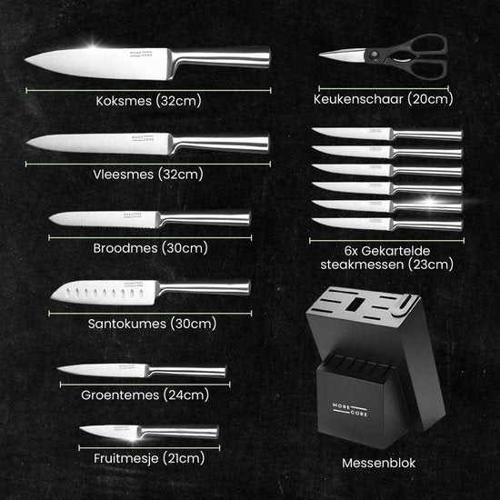 Ensemble de couteaux MoreCore avec bloc et aiguiseur - Bloc à couteaux - Couteaux de cuisine - Ciseaux de cuisine inclus - Couteau de chef - Résistant aux rayures - Acier inoxydable - Couleur argentée/noire - Cadeau pour la fête des pères