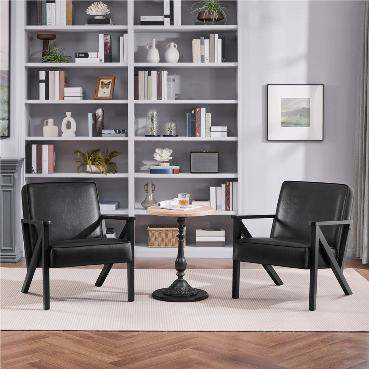 Fauteuil de salon vintage Yaheetech / Fauteuil à pieds en Z 78 x 67 x 79,5 cm – Noir mat – Simili cuir PU et bois de caoutchouc