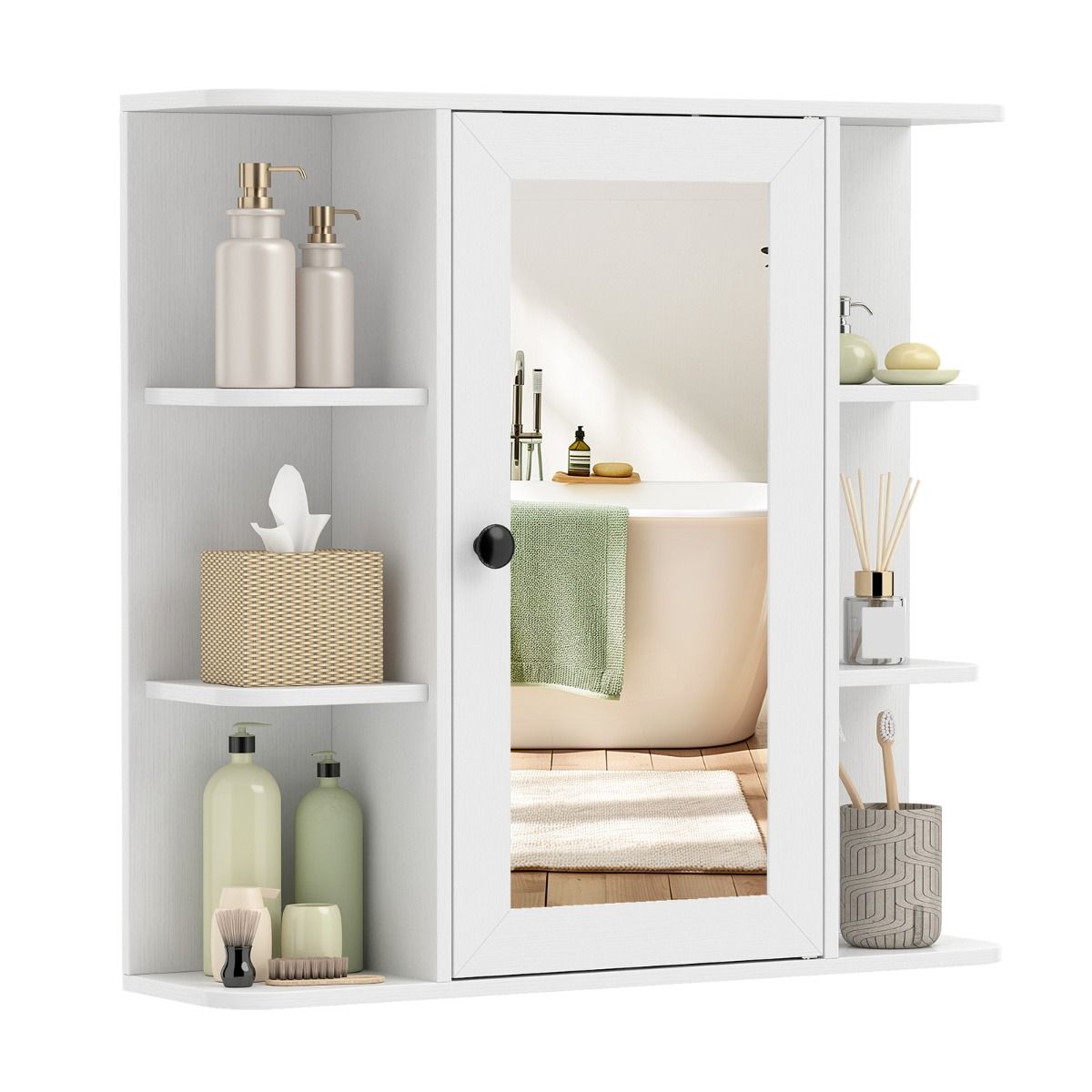 Meuble de salle de bains Coast avec miroir - six compartiments ouverts - trois compartiments intérieurs - blanc/marron rustique