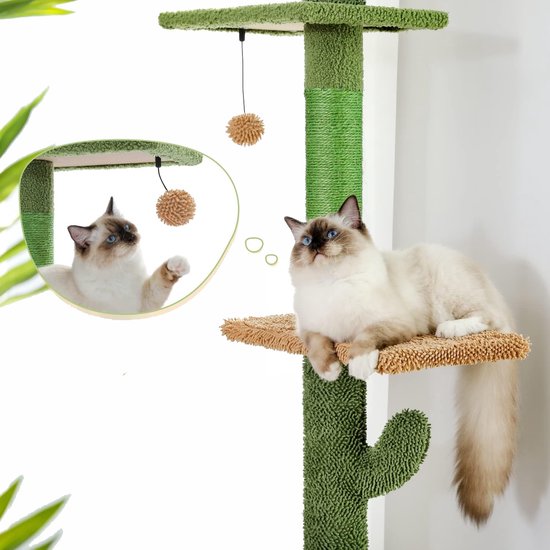 Kattenu CactusTower - Grand arbre à chat fixant au plafond - Réglable de 229 à 275 cm - Vert - Arbre à chat fixant au plafond pour chats