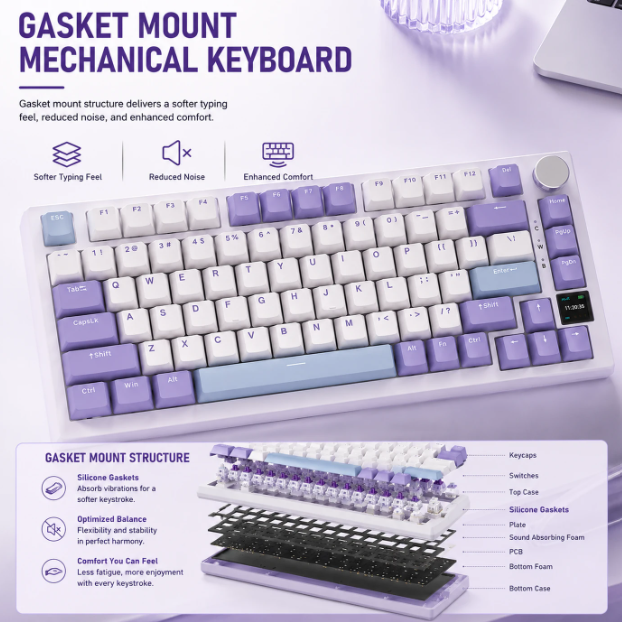 Clavier mécanique AJAZZ AK820 Pro - 75 % - QWERTY US - Tri-mode - Écran TFT - RGB - Gris - Commutateurs Sea Salt Purple