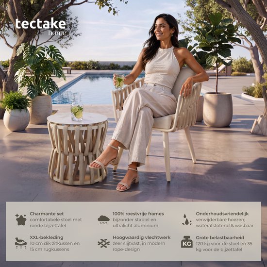 Ensemble de jardin tectake® Lugano - Chaise de jardin - Chaise longue avec table d'appoint - Chaise d'extérieur au design « corde » avec structure en aluminium - Fauteuil d'extérieur avec coussins épais - Ensemble de détente pour le jardin ou le balcon -