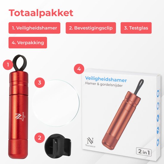 Nuvance - Marteau de sécurité - Marteau d'urgence - avec porte-adhésif et verre de test - Marteau de sauvetage - Coupe-ceinture - Marteau de voiture - Sécurité sur la route - Rouge