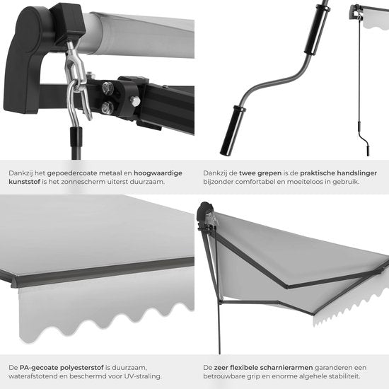 tectake® Sunshade with Articulated Arm - 300 x 250 cm - Store - Protection solaire pour fenêtre, balcon, extérieur - Fixation murale - Résistant à l'eau et aux UV - Gris clair