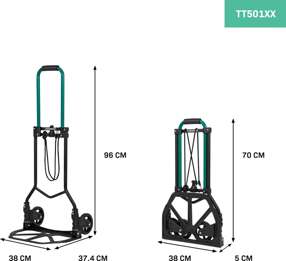 VONROC Trolley - Pliable - Plate-forme de transport avec antidérapant - Capacité de charge max. 80kg. - Avec support à bagages