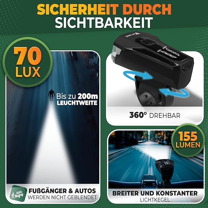 Kit d'éclairage pour vélo MIVELO – Rechargeable par USB et étanche – 70 lux – Noir