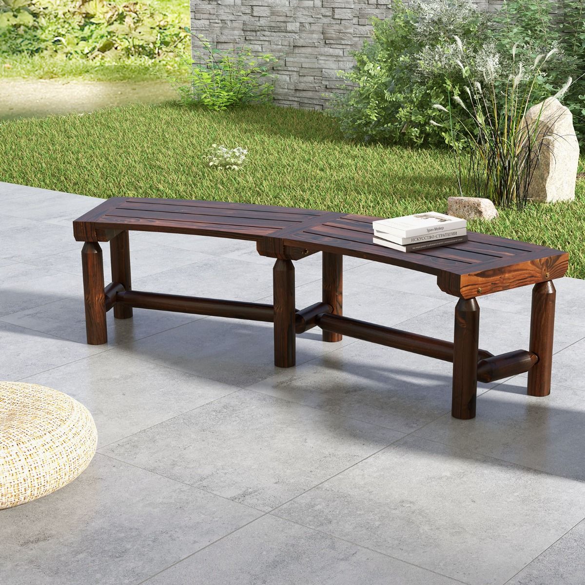 Banc de jardin Coast sans dossier - design incurvé - 2-3 places - marron rustique 139 x 36 x 41 cm
