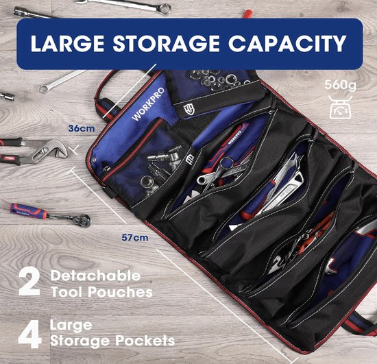 Sac à outils à roulettes, sac à outils multifonctionnel avec 2 pochettes amovibles et 4 pochettes à outils à fermeture éclair, organiseur en laine d'outils 720D Heavy Duty, idéal pour ranger