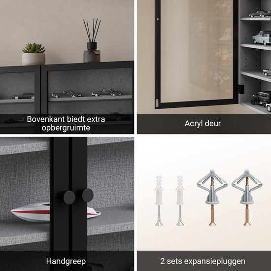 Vitrine murale SoBuy – 4 étagères réglables – Portes vitrées – 80 x 12,2 x 60 cm – Noir/Gris