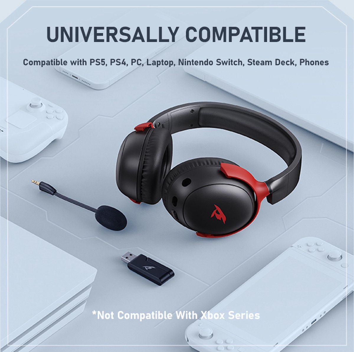 Kofire Picun G3 Wireless Gaming Headset - Casque supra-auriculaire avec microphone - Conducteurs de 53 mm - Autonomie de 50 heures - PC/PS4/PS5/Nintendo Switch/Xbox - Noir/Rouge - 238 g