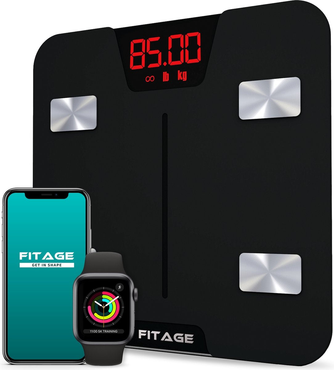 Balance connectée - FITAGE - Pèse personne - Mesure 17 valeurs corporelles - App conectée - Noir
