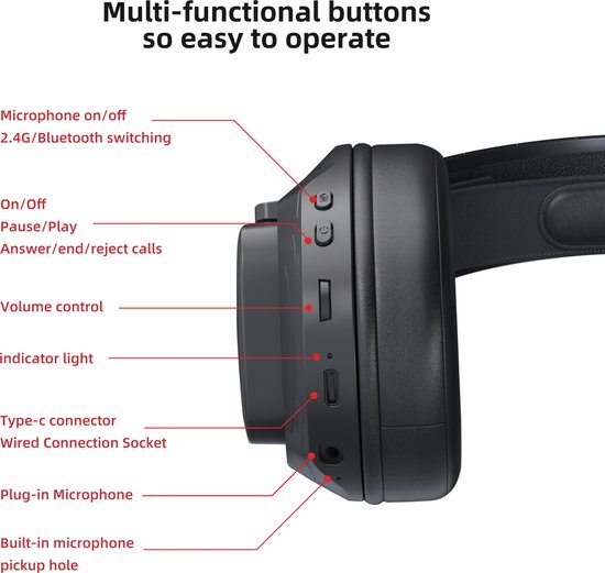 Casque de jeu sans fil TAIDU THS318 2,4 GHz - Casque circum-auriculaire - avec microphone - Compatible PC/PS4/PS5, Nintendo Switch - Noir