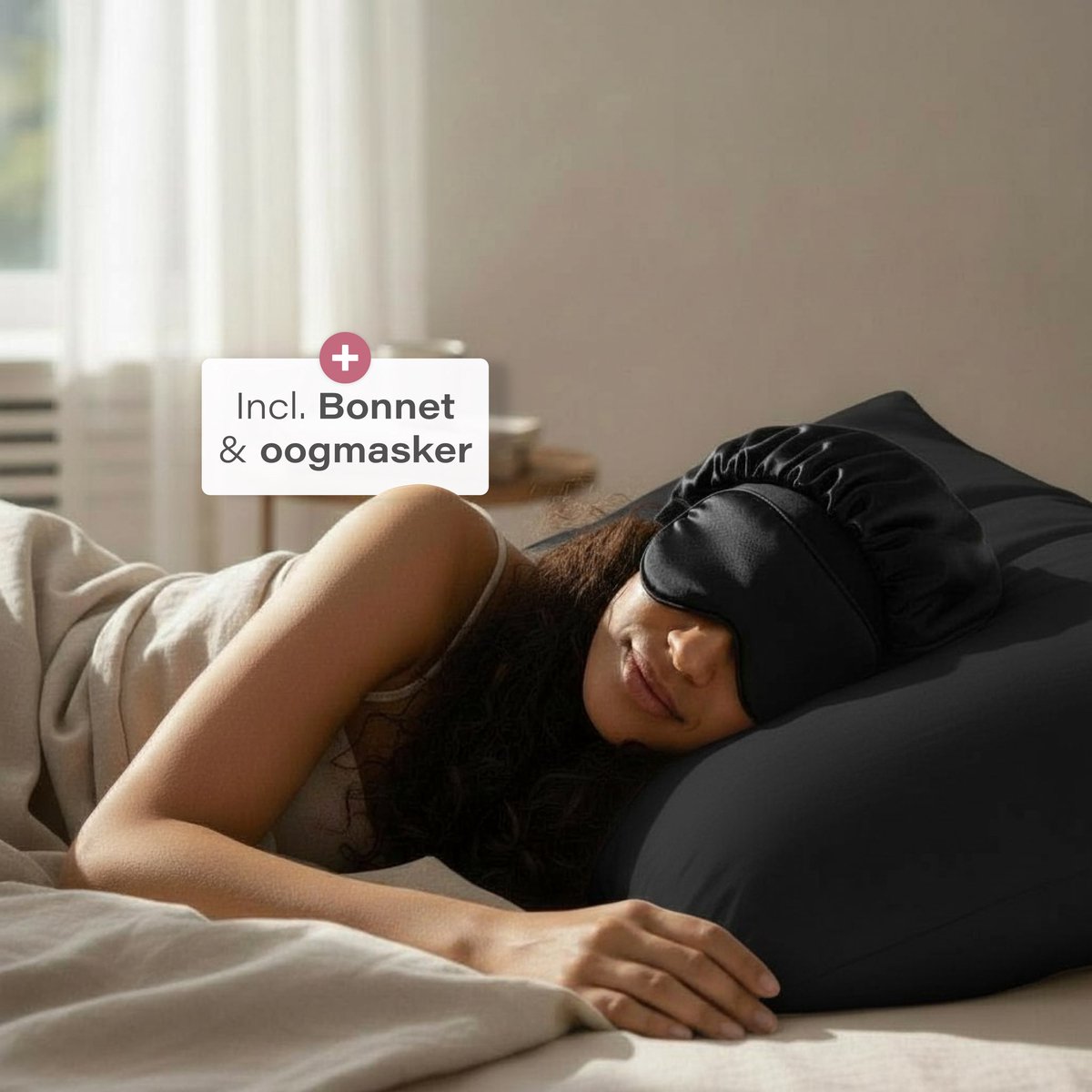 Ensemble en satin doux et soyeux - 2 taies d'oreiller 60 x 70 cm avec bonnet et masque de sommeil - Noir