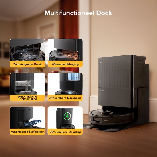 Roborock Qrevo S5V - Robot aspirateur avec station d'accueil - Puissance d'aspiration de 12 000 Pa - FlexiArm - Fonction de lavage - Évitement réactif des obstacles - Double fonction anti-enchevêtrement - Séchage à l'air chaud - Évitement des obstacles et