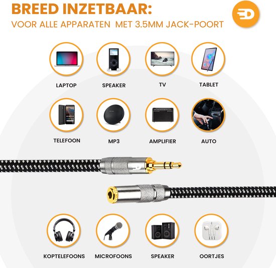 Drivv. Premium AUX Extension Cable - 5 mètres - Jack Male to 3.5 mm Female - Audio Extension Cable - Jack Extension Cable - Nylon