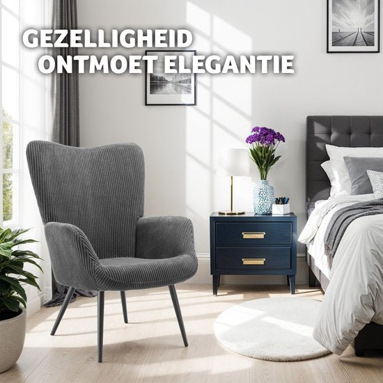 tectake® Fauteuil à oreilles de style scandinave - Velours côtelé Hygge - Chaise de salon, chambre à coucher - Chaise longue - Pieds en métal noir - Capacité jusqu'à 150 kg - Gris