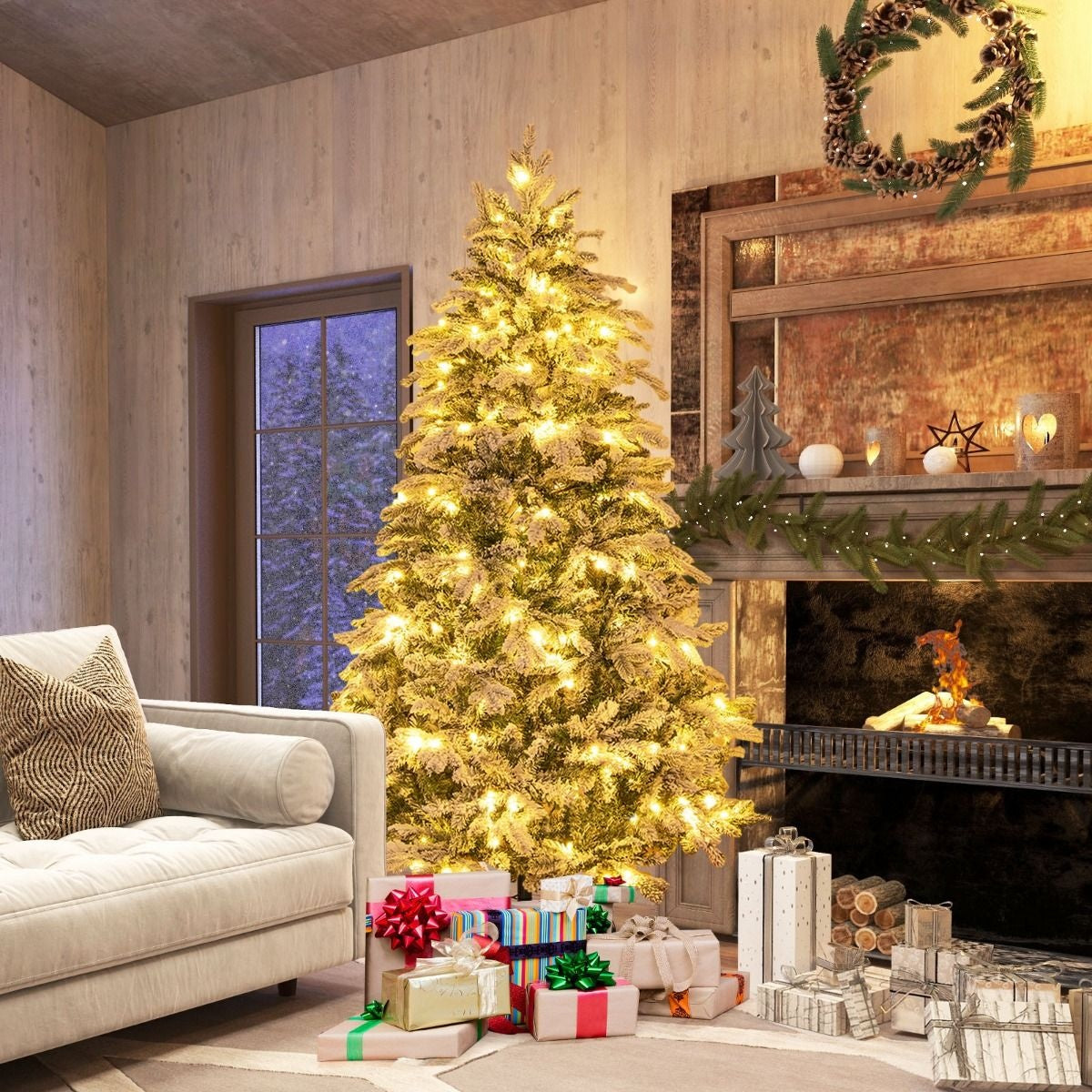 Arbre de Noël artificiel de 180 cm Arbre de Noël floqué avec 1415 branches 260 lumières LED blanc chaud Arbre de Noël illuminé blanc + vert