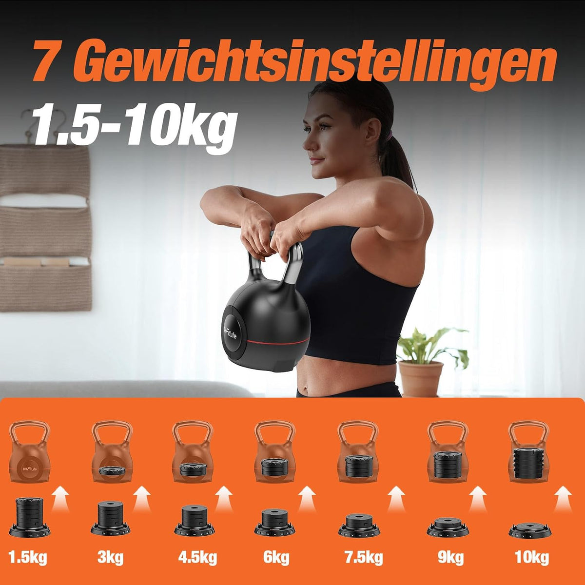 Kettlebell réglable DH FitLife 7-en-1 - 1,5 à 10 kg - 7 niveaux de poids - 20 x 20 x 30 cm - Noir