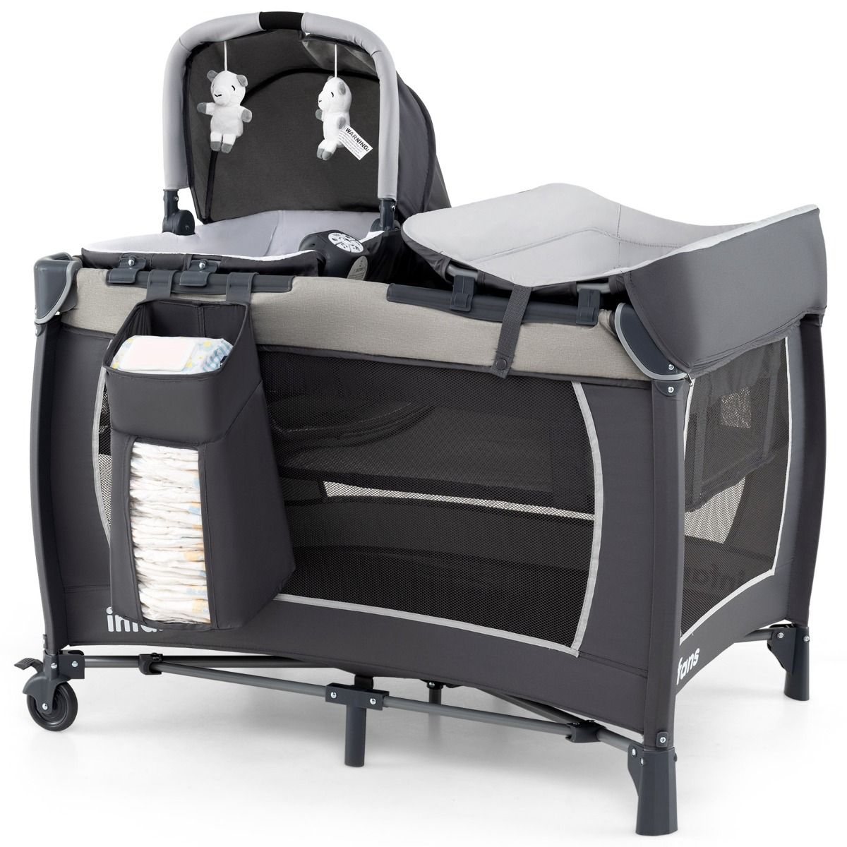 Lit de voyage 5-en-1 Coast pour bébés - Lit pliable avec table à langer et panier de rangement - Sac de transport inclus - Gris
