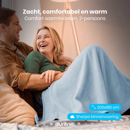 Couverture électrique Auronic - 200x180cm - Couverture chauffante - 2 personnes - Polaire Sherpa - 9 niveaux de chaleur et minuterie - Couverture - Couverture chauffante - Bleu clair