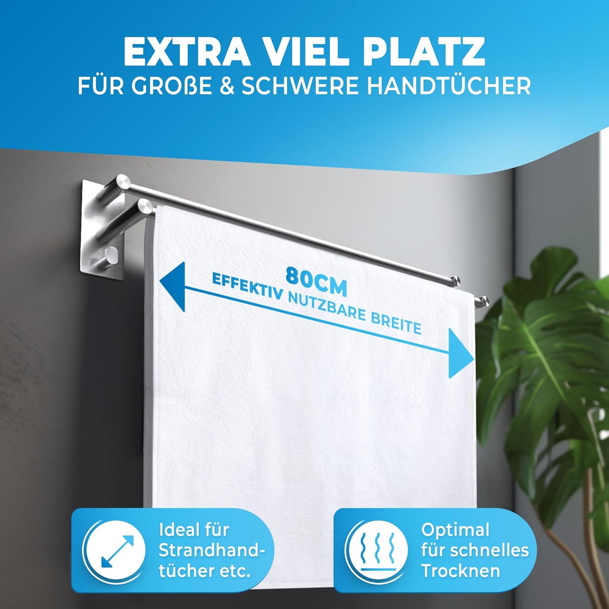 LOBUX® - Porte-serviettes sans perçage - 80cm, acier inoxydable - Porte-serviettes salle de bain double, auto-adhésif - Porte-serviettes, porte-serviettes de bain incl. 2 crochets à serviettes - pour salle de bain, paroi de douche, cuisine