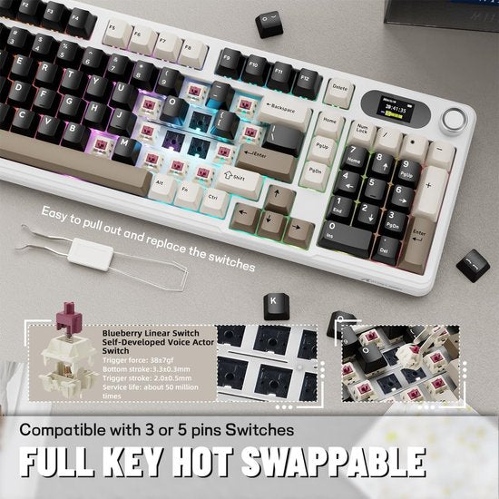 ATTACK SHARK X98 - Clavier gaming mécanique sans fil - Écran TFT - Molette multifonction - Touches en PBT - Tri-mode : filaire/2,4 GHz/Bluetooth - Modèle « Gasket » - 98 touches - Cheese White