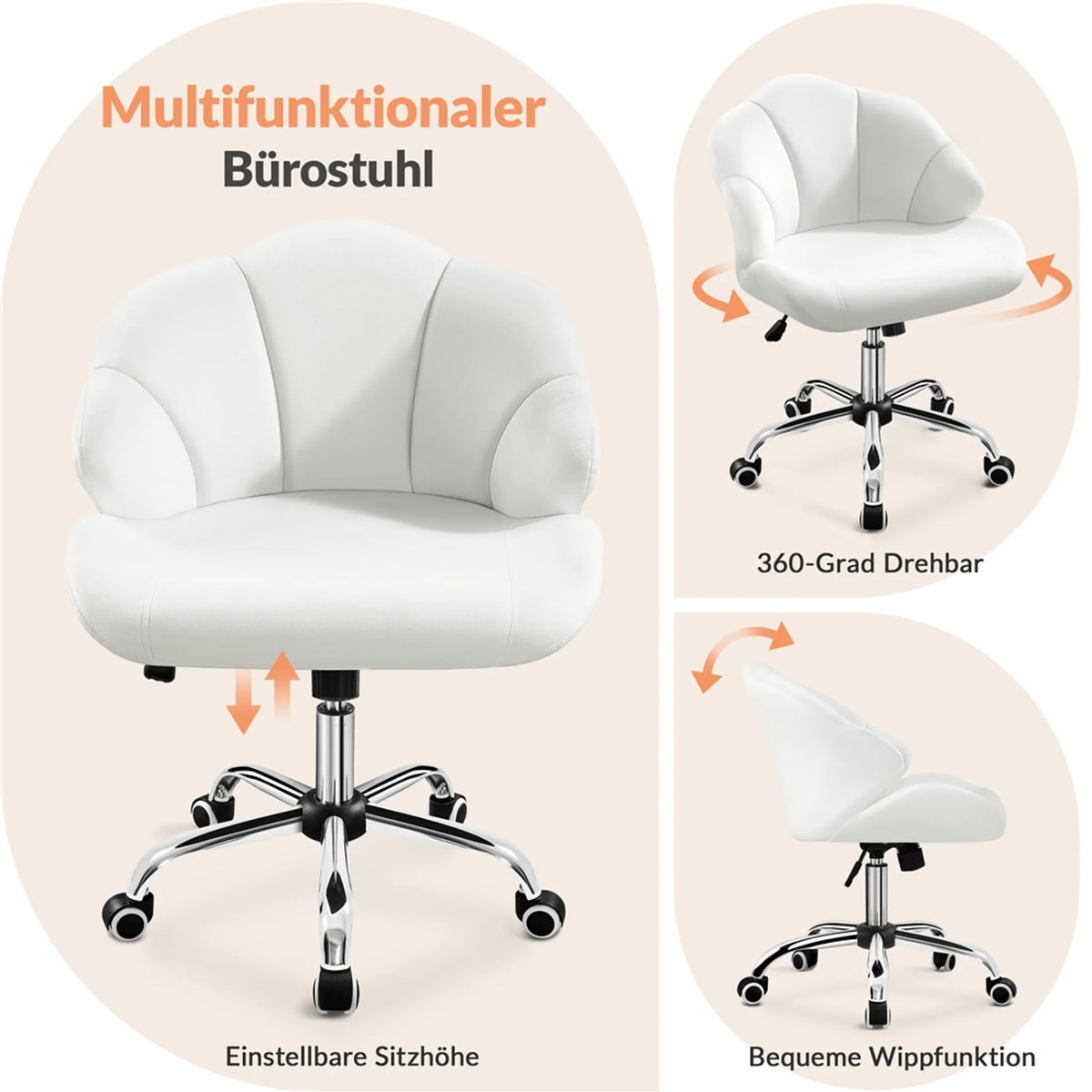 Yaheetech Chaise de bureau en forme de coquillage - avec fonction pivotante, hauteur réglable par vérin à gaz et dossier rembourré - pour le bureau à domicile et la chambre à coucher - polyester blanc et métal - 60 x 60 x 76,5-86 cm
