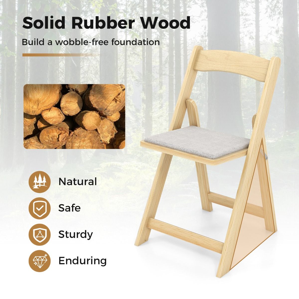 Coast Set de 2 chaises de salle à manger pliables - 44x47x77 cm - couleur naturelle - avec pieds en bois d'hévéa et assise rembourrée