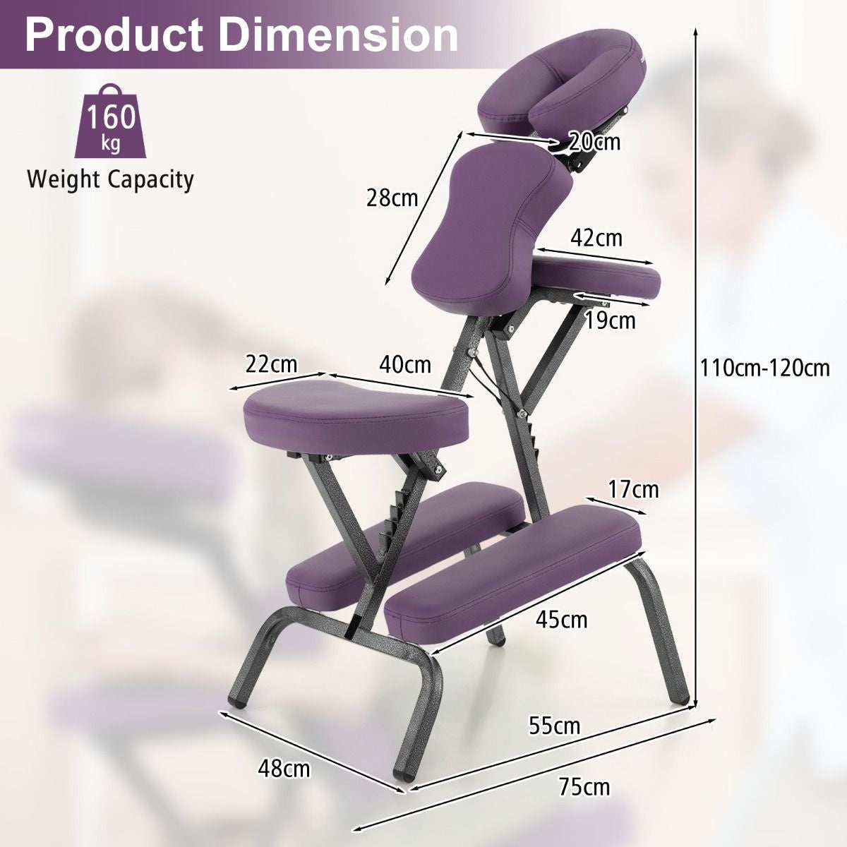 Fauteuil de massage Coast - Pliable - Avec mallette de transport - Max 150 kg - 48 x 55 x 120 cm - Violet
