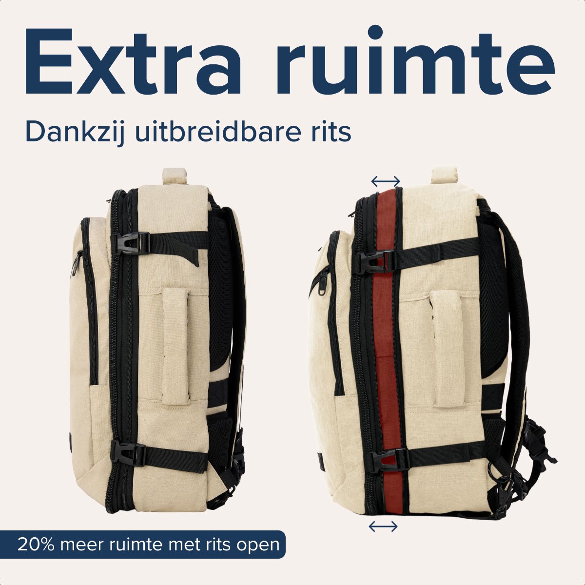 Sac de voyage à dos TRVLMORE 40 L – Bagage à main – 49 x 34 x 13 cm – Beige